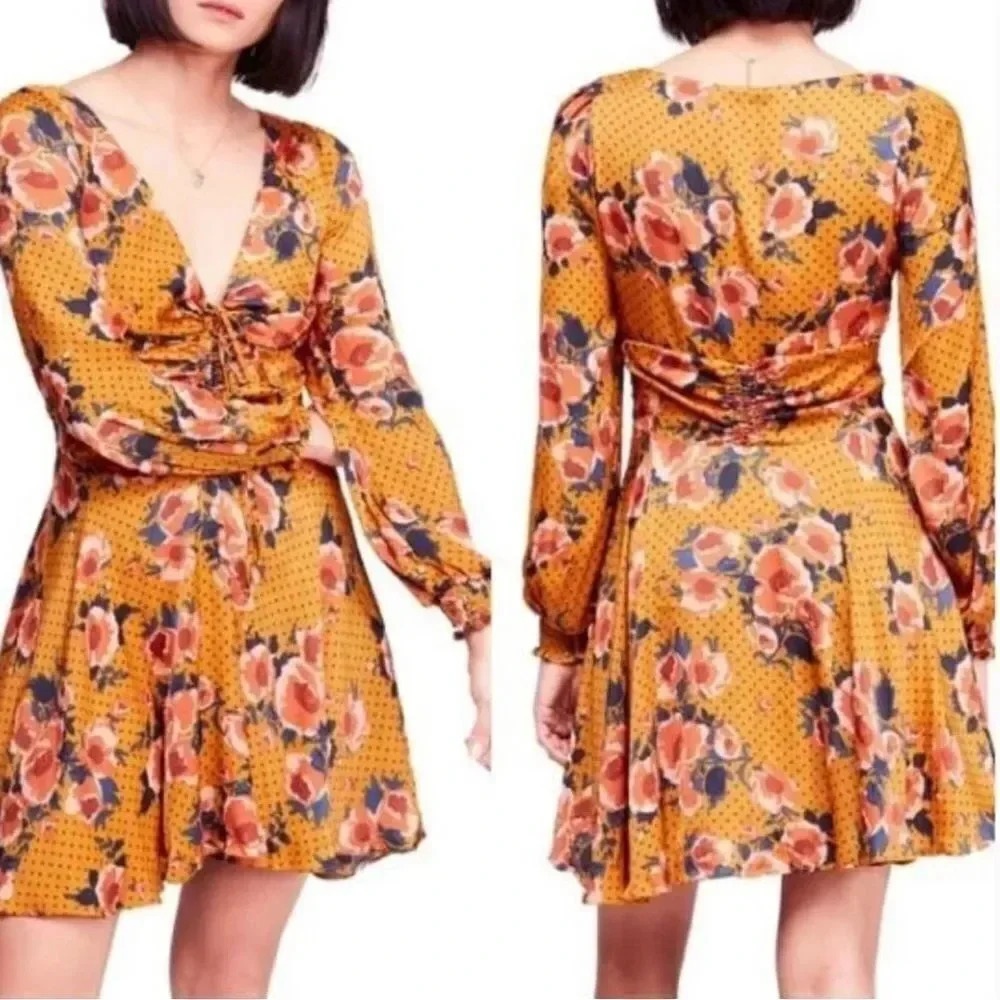 NEW Free People Morning Light Golden Yellow Print Long Sleeve Mini Dress